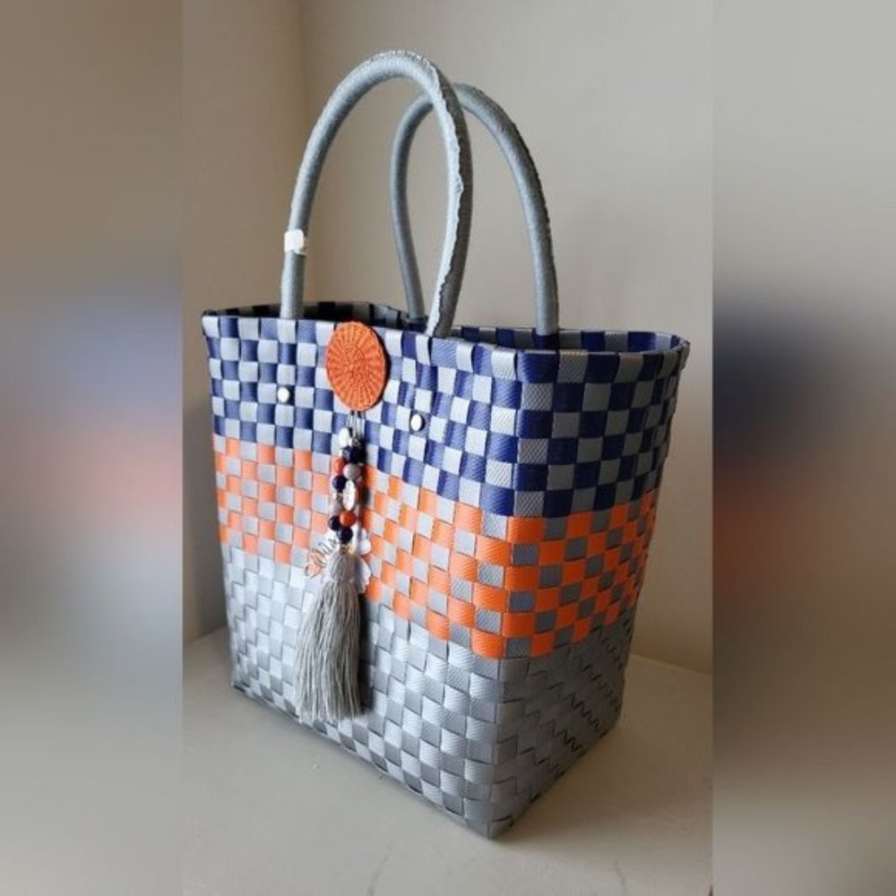 Market baskets handmade with recycled materials plastic knitted decor